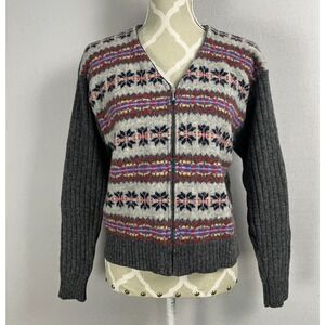 Northern Reflections‎ Womens Gray Vintage Wool Fair Isle Zip Up Cardigan Sz M